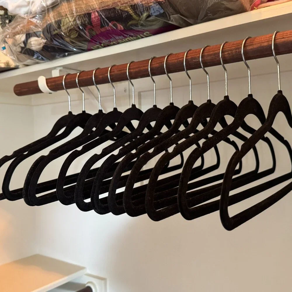 Set of 12 Velvet Non-Slip Hangers, Heavy Duty, Slim Profile - Black Silver Hook